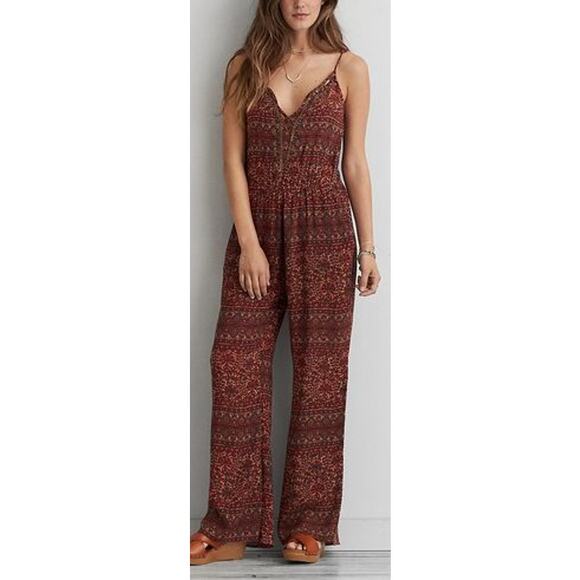 American Eagle Wide Leg Boho Print One Piece Sleeveless Jumpsuit Red Orange M - Picture 1 of 11